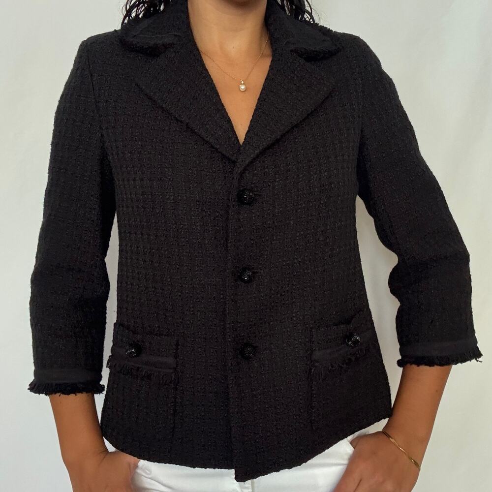 Talbots Black Tweed Boucle 3/4 Sleeve Beaded Button Jacket Size 6